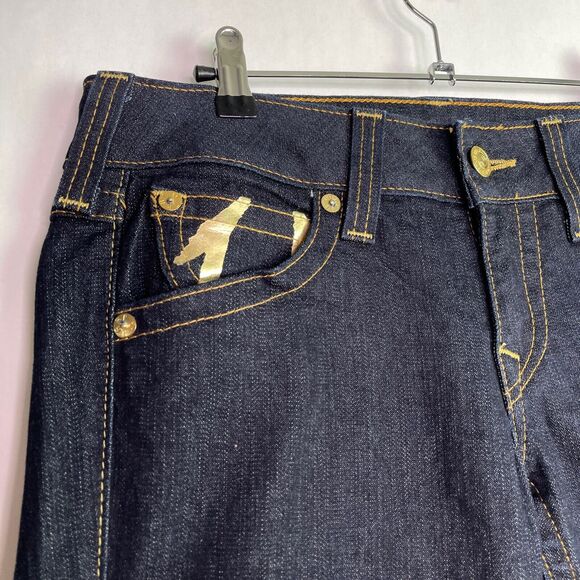 True Religion Blue Dark Wash Metallic Painted Horseshoe Flap Pockets Jeans Sz 31 - Picture 4 of 13